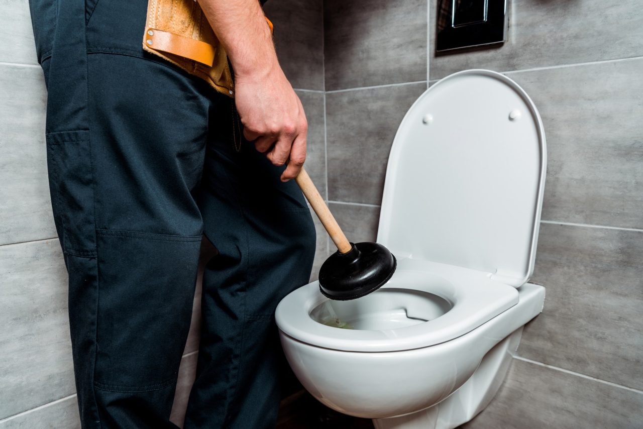 Cropped View of Plumber Holding Plunger Near Toilet