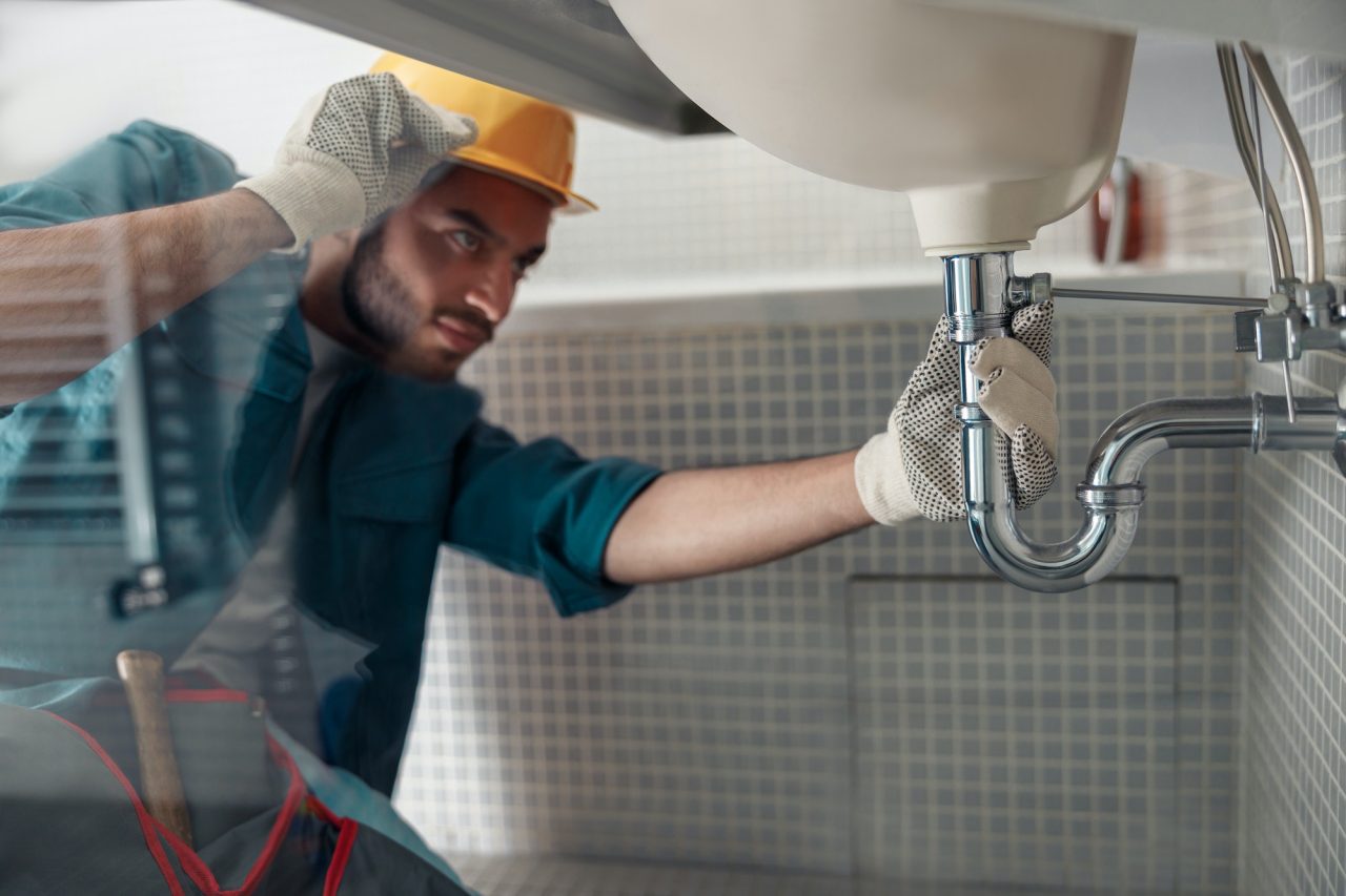 Male Plumber Repairing Faucet of a Sink in Bathroom