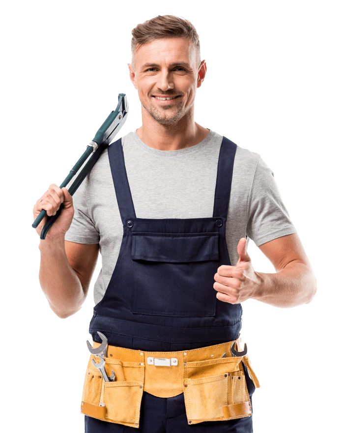 Smiling Plumber Holding a Pipe Wrench and Showing It