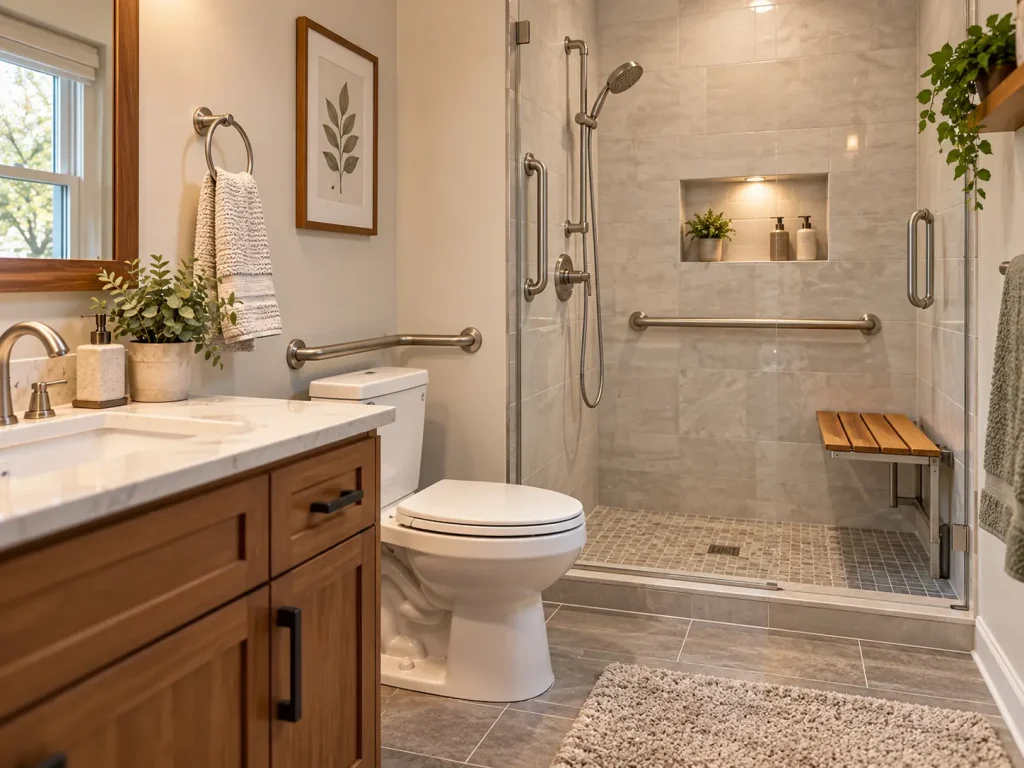 Stylish aging-in-place bathroom with curbless shower in Bucks County home
